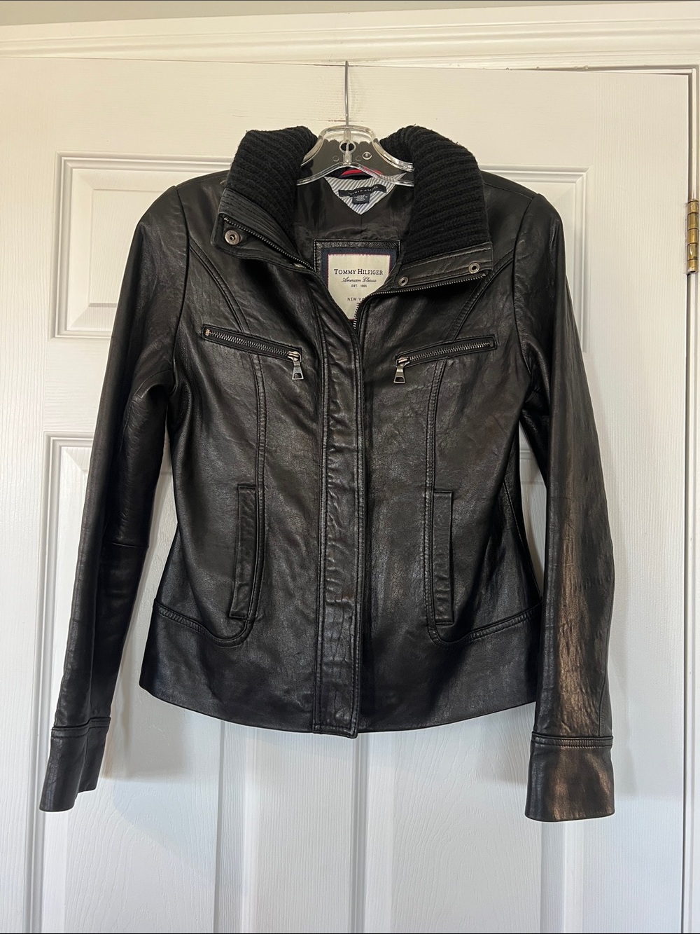 Tommy Hilfiger Women's Black Leather Jacket with Rib-Knit Collar